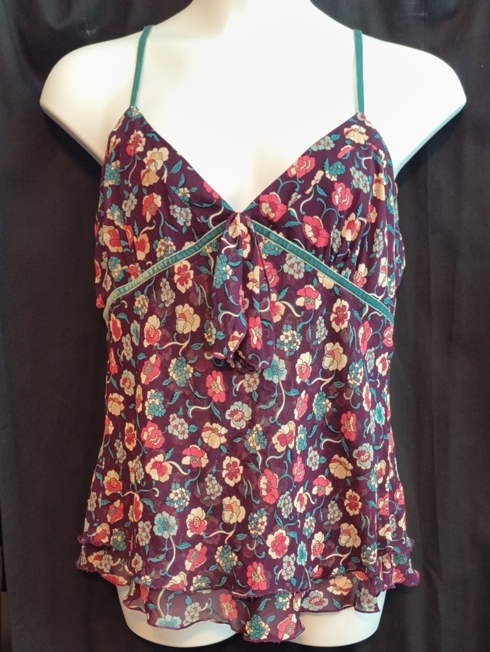 Fashion Bug Plum Teal Rose Floral Spaghetti Strap Camisole with Teal Trim #0070